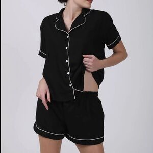 Black Short Sleeve Pajama Set with White Piping